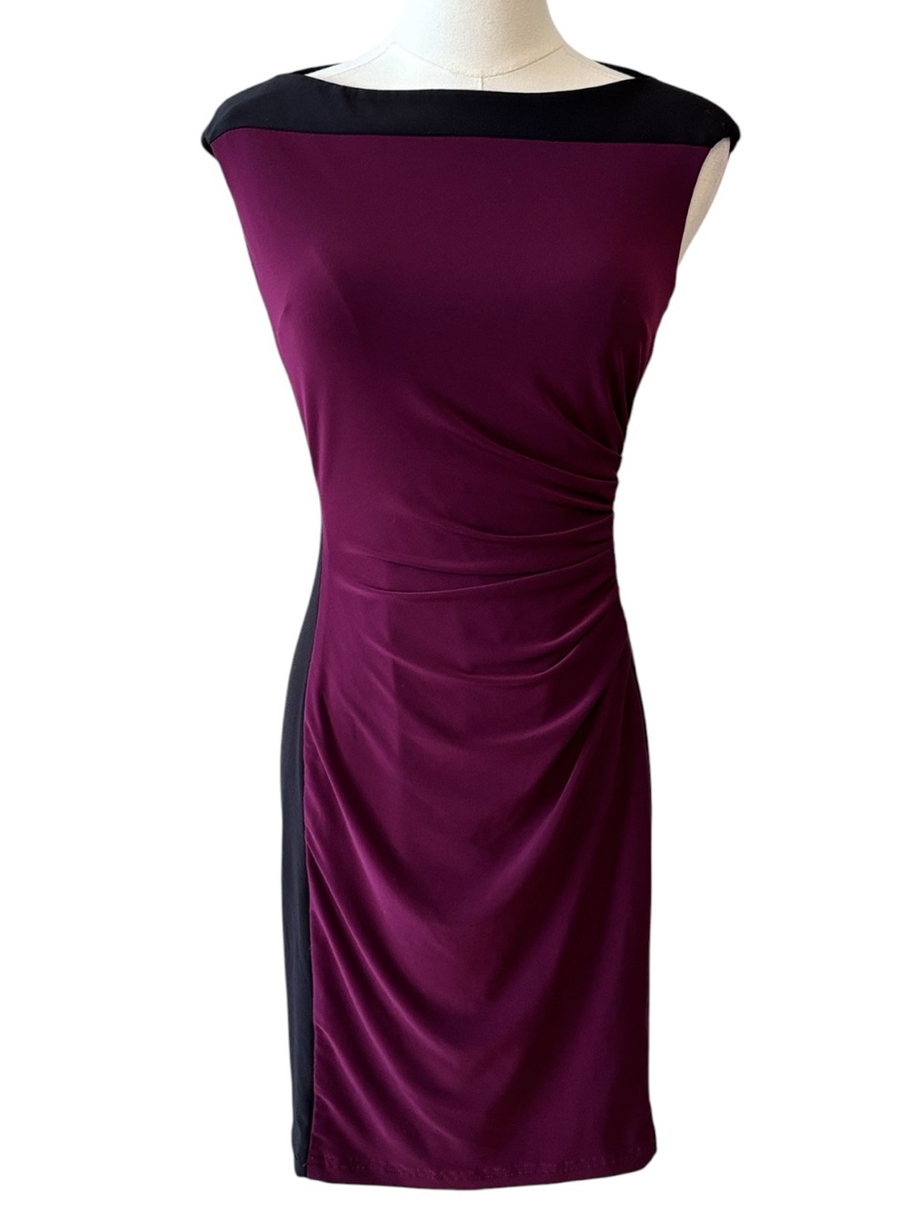 Lauren by Ralph Lauren Purple & Black Ruched Sheath Dress Size 4 Petite